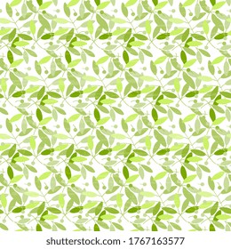 Design of green tones of a pattern of leaves on a white background. Seamless, textured, artistic. Beautiful vector illustration.