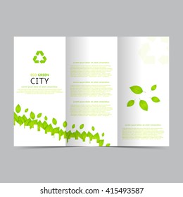 Design of the green and white brochure with place for text. Vector template of flyer for your business. Vector illustration on ecology theme green leafs and with silhouette of city landscape.