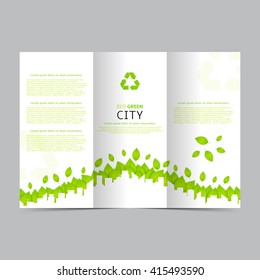 Design of the green and white brochure. Vector template of flyer for your business. Vector illustration on ecology theme green leafs and with silhouette of city landscape.