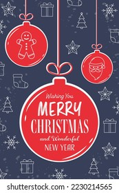 Design of a greeting card with abstract Christmas balls. Hanging ornaments. Vector illustration