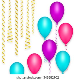 Design greeting card background balloon happy birthday party, holiday decoration carnival festival. Streamer ribbon spiral. Color pink blue purple. Vector illustration