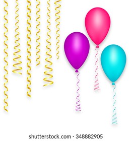 Design greeting card background balloon happy birthday party, holiday decoration carnival festival. Streamer ribbon spiral. Color pink blue purple. Vector illustration