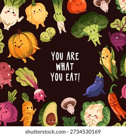Design of greeting card with circle border from different kawaii vegetables. Template of round frame from various cute veggies, funny agricultural crops and farm characters. Flat vector illustration