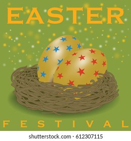 Design greeting card for Easter Season present with illustrate stars pattern on egg, and eggs in net.