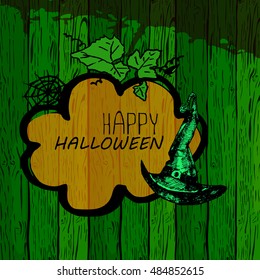 Design greeting card for halloween, sketch drawings, frame, pumpkin leaves, hat. Vector template for a holiday.