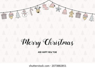 Design of greeting card with hanging Christmas elements. Vector