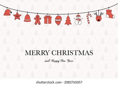 Design of greeting card with hanging Christmas elements. Vector