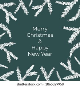 Design for greeting card or invitation for Christmas celebration. Vector frame with hand drawn conifers: pine, spruce, cedar, cypress, fir, larch, juniper. Happy New Year template