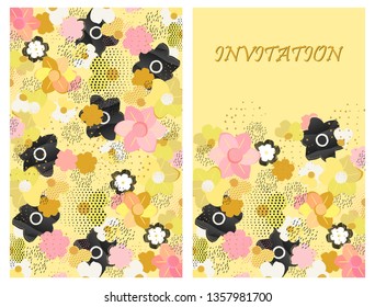 
Design greeting card, invitation in a floral motif. Abstract flowers, dots, dashes on a light yellow background. Vector illustration.