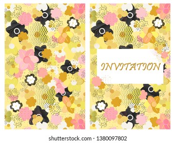Design greeting card, invitation in a floral motif. Abstract flowers, dots, dashes on a light yellow background. Vector illustration.