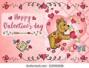design of greeting card layout on the theme of love and Valentines day little bears flowers and hearts in the style of childrens Doodle vector EPS 10