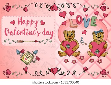 design of greeting card layout on the theme of love and Valentines day little bears flowers and hearts in the style of childrens Doodle vector EPS 10