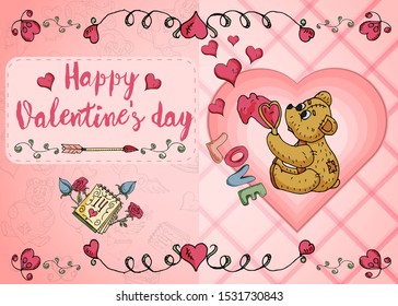 design of greeting card layout on the theme of love and Valentines day little bears flowers and hearts in the style of childrens Doodle vector EPS 10