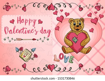design of greeting card layout on the theme of love and Valentines day little bears flowers and hearts in the style of childrens Doodle vector EPS 10