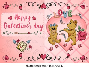 design of greeting card layout on the theme of love and Valentines day little bears flowers and hearts in the style of childrens Doodle vector EPS 10
