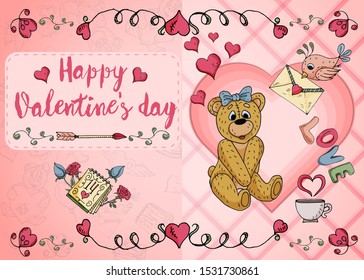 design of greeting card layout on the theme of love and Valentines day little bears flowers and hearts in the style of childrens Doodle vector EPS 10