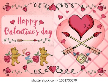 design of greeting card layout on the theme of love and Valentines day little bears flowers and hearts in the style of childrens Doodle vector EPS 10