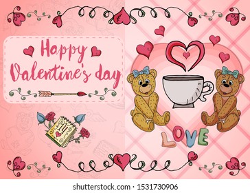 design of greeting card layout on the theme of love and Valentines day little bears flowers and hearts in the style of childrens Doodle vector EPS 10