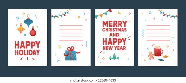 Design greeting card for Merry Christmas. Collection postcard for New Year holiday with gift box,present, garland nad ñhristmas wreath. Set template tag and label with xmas illustration. Vector