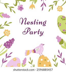 Design for greeting card for nesting party. Vector illustration 