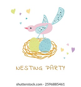 Design for greeting card for nesting party. Vector illustration 