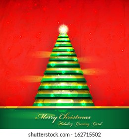 Design greeting card with the New Year and Christmas. Ribbon Christmas tree.