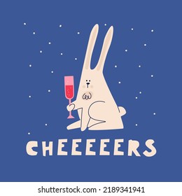 Design greeting card for the new year. The symbol of the Chinese year 2023 is the rabbit drinking a cocktail. Cute vector hand drawing illustration and lettering of Cheers.