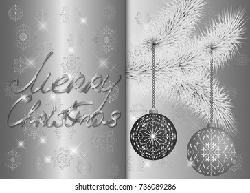 Design greeting card, poster, banner, billboard or invitation with pine branch and Christmas balls snowflakes background. Inscription Merry Christmas. Paper cut art vector illustration.