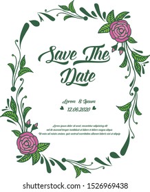 Design greeting card save the date with shape pattern of pink rose flower frame. Vector