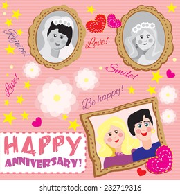 Design greeting card or set of vector objects to create different print products to wedding anniversary for same-sex family depicting portraits women  in frames  on a pink striped background