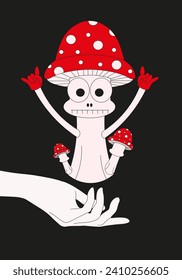 Design greeting card with Trippy Toadstool in hand on black background. Cartoon Mushroom. Vector illustration can used t-shirt print, web and social media banner. Haloween postcard. XMAS card. EPS 10