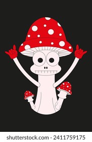 Design greeting card with Trippy Toadstool on black background. Cartoon Mushroom. Vector illustration can used t-shirt print, web and social media banner. Christmas postcard. XMAS card. EPS 10