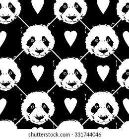 design greeting card for valentine's day. panda. heart. black and white bear. vector. illustration. panda seamless.  Cute panda illustration vector. Panda baby seamless