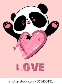 design greeting card for valentine's day. panda. heart. black and white bear. vector. illustration. 