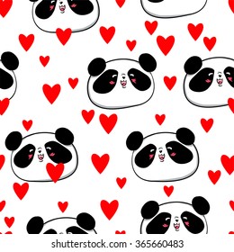 design greeting card for valentine's day. panda. heart. black and white bear. vector. illustration. panda seamless. Red heart