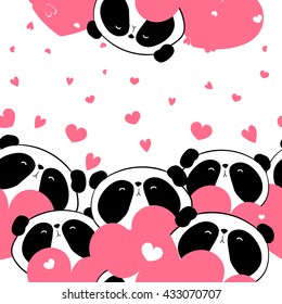 design greeting card for valentine's day. panda. heart. black and white bear. vector. illustration. panda seamless. 