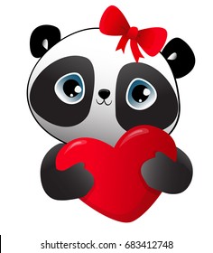 Design Greeting Card for Valentine's Day. Panda Vector Illustration. Hand Drawn Panda with Red Heart