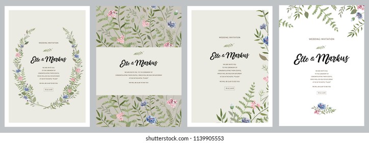 Design greeting card \ wedding invitations, floral frames for your vintage posters and backgrounds with elements of meadow flowers, leaves and a cornflower