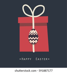 Design greeting cards to day happy Easter.Pictured gift box red with Easter decorative egg.The phrase happy Easter beige colors on a dark background.