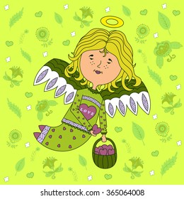 design greeting cards for Valentine's day. sweet girl angel with outspread wings, with a basket of hearts in his hand. floral background. vector.