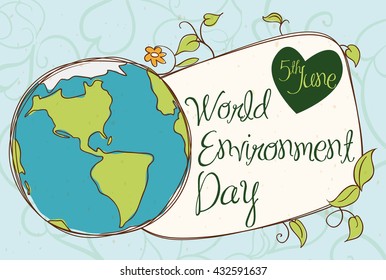 Design with greeting message to commemorate World Environment Day with leaves, green heart and world map.