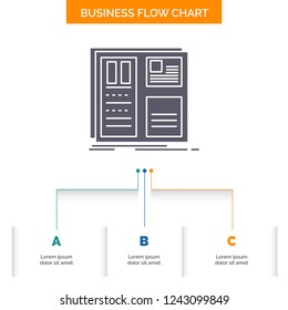 Design, grid, interface, layout, ui Business Flow Chart Design with 3 Steps. Glyph Icon For Presentation Background Template Place for text.