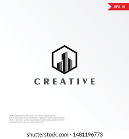 Design a group building in a hexagon box logo. simple modern design.