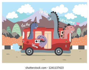 Design a group of dinosaurs that travel by van and play in a warm, natural atmosphere.