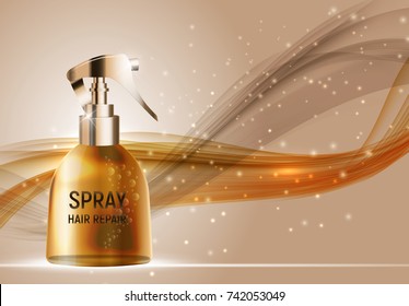 Design Hair Repair Spray Cosmetics Product  Template for Ads or Magazine Background. 3D Realistic Vector Iillustration. EPS10