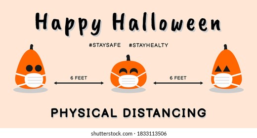 Design of halloween celebration with stay safe, physical or social distancing message during coronavirus pandemic. Orange pumpkin icon with medical mask.