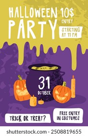 Design of Halloween party advertising poster. Helloween holiday ad flyers with witch cauldron, spooky pumpkin heads. Template of promotion to festive event on October 31. Flat vector illustration