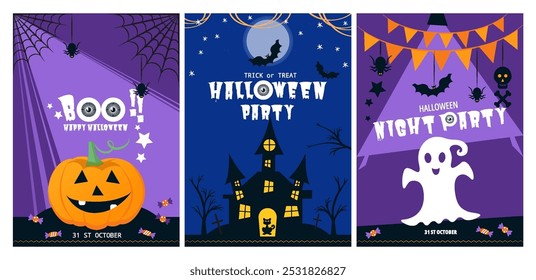 Design of Halloween Party poster with funny pumpkin. Collection of cards. All layered and grouped. Vector.
