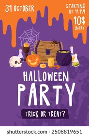 Design of Halloween party promotion. Advertising poster of festive event on October 31. Spooky pumpkin, scary mystic skull, witch cauldron on Helloween holiday promo flyer. Flat vector illustration