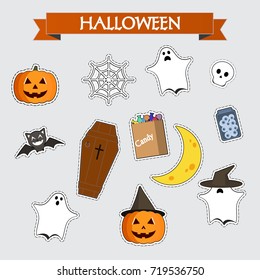 Design of halloween patch with pumpkin, ghost, bat, candy, coffin, moon, spider net, skull, jar with eyes. Flat halloween characters. Vector illustration